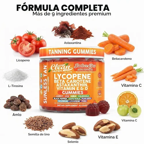 Vista 4 de Gomas bronceadoras de licopeno y betacaroteno sin sol, con astaxantina, vitamina C, D, E, semilla de lino, selenio, amla, tirosina, PABA, pimienta