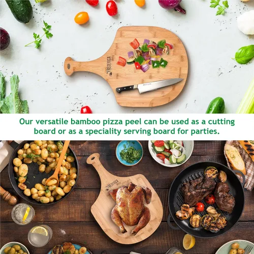Vista 6 de Pala de madera de bambú prémium para pizza y tabla de cortar con mango (para hornear pizza, pan, cortar frutas, verduras, queso) – Tamaño personal