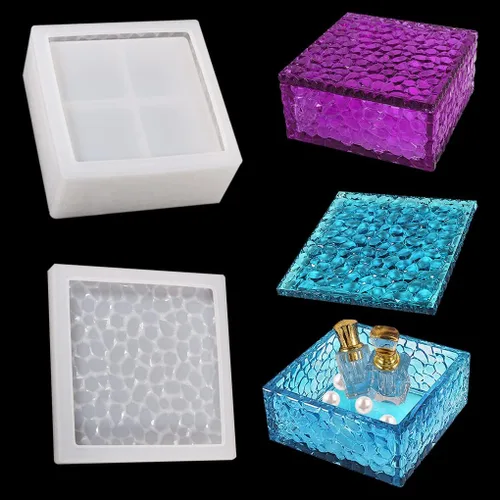 Vista 9 de Caja de almacenamiento cuadrada Moldes de fundición de resina con tapa, caja apilable de ondas de agua, moldes de silicona, estuche de joyería