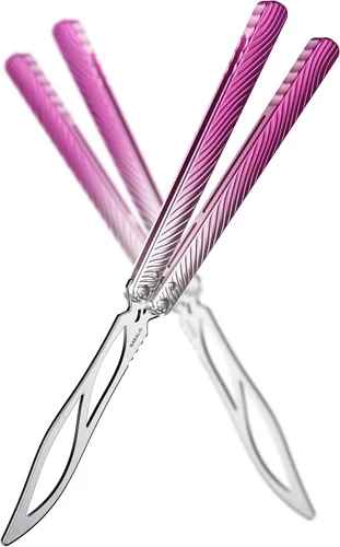 Vista 9 de Nabalis Cuchillo de mariposa ala Balisong Trainer, mango 7075AL, sistema de bujes, canal de diseño de mango, sin afilar, violeta