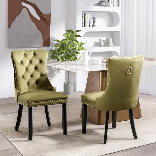 Vista 73 de SoarFlash Juego de 2 sillas de comedor de terciopelo, silla lateral de respaldo alto, silla lateral moderna tapizada de alta gama con botones Beige