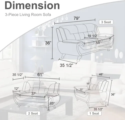 Vista 2 de Juego de sofá de sala de estar de cuero, sofá de cuero estilo moderno, sofás para sala de estar 3 piezas (blanco)