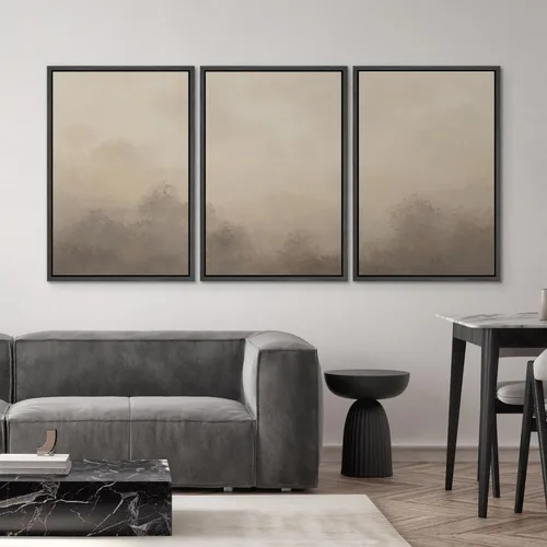 Vista 4 de SIGNWIN Lienzo enmarcado para pared, juego de arte neutro de bosque brumoso, ilustraciones en tono tierra, arte moderno, decorativo, bohemio