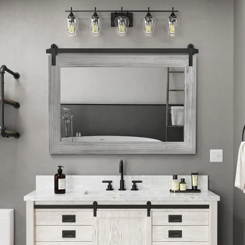 Vista 61 de COGOOD Espejo de puerta de granero de granja, 25 x 18 pulgadas, espejo decrativo con marco de madera rústica para baño, sala de estar, decoración