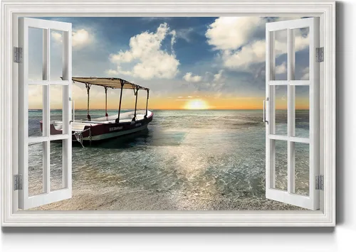 Vista 9 de Renditions Gallery Lienzo decorativo para pared, vista de barco viejo atracado en la playa de arena blanca, obra de arte para colgar en la pared