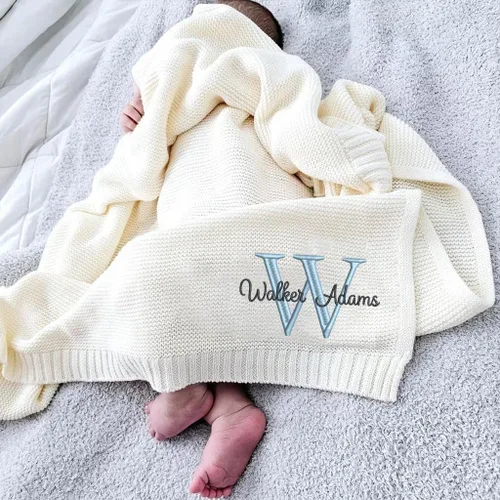 Vista 18 de Manta de punto personalizada y bordada de lujo con nombre de bebé, manta de algodón personalizada y monogramada para la guardería, regalos para bebé