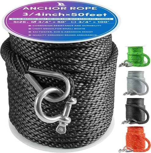 Vista 54 de Cuerda de anclaje premium de 50 pies x 1/2 pulgadas, línea de anclaje trenzada sólida MFP para barco con dedal y grillete - Negro