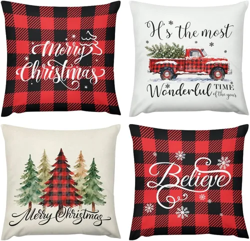 Vista 11 de Juego de 4 fundas de almohada decorativas de árbol de Navidad con estampado de ambos lados, 16 x 16 pulgadas, fundas de almohada de bosque