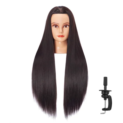 Vista 10 de 26-28" Cabeza de maniquí con cabello de fibra sintética Yaki para estilizar, cabeza de muñeca para entrenamiento de cosmetología, cabeza de maniquí