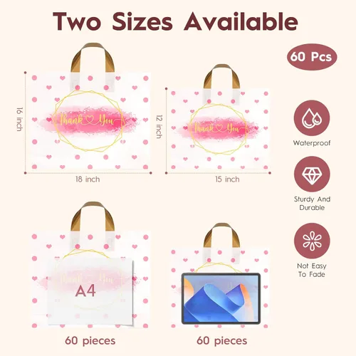 Vista 3 de WAKAKO Paquete de 60 bolsas de plástico con asas, 12 x 15 pulgadas, bolsas de regalo para mercancías minoristas para pequeñas empresas y boutiques