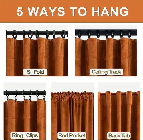 Vista 3 de Cortinas de terciopelo con trabilla trasera de 52 x 63 pulgadas de color naranja quemado de KOUFALL