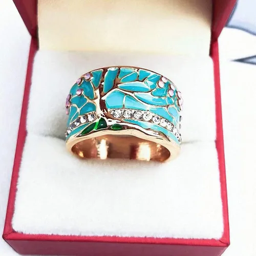 Vista 4 de Anillos de árbol de flores de la suerte, oro rosa, ópalo verde, esmaltado, anillo ancho para mujer, joyería vintage de cristal para fiesta