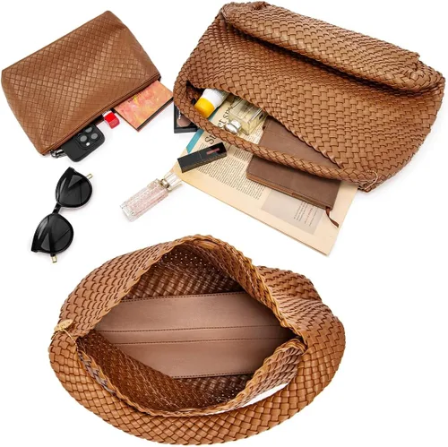 Vista 5 de PS PETITE SIMONE Bolso de mano tejido para mujer, bolso grande tejido de cuero, bolso trenzado, bolso tejido color avellana