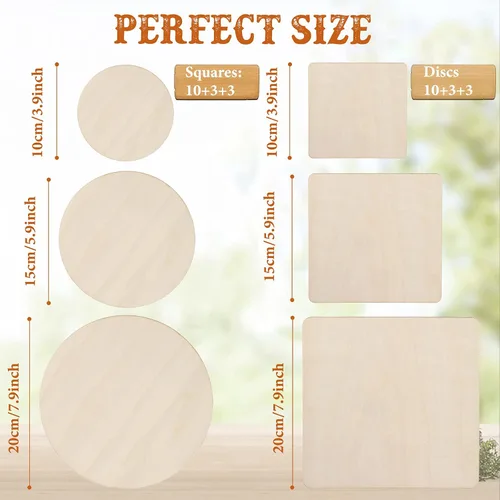 Vista 3 de 32 piezas de madera en blanco sin terminar cuadrados de madera para manualidades, recortes de madera natural, azulejos redondos de madera, discos