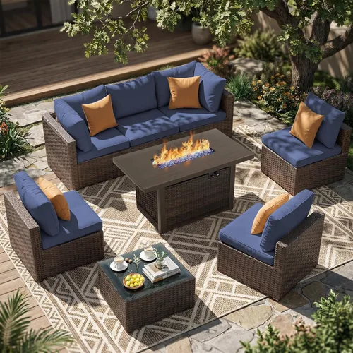 Vista 19 de Juego de muebles de patio al aire libre, 7 piezas, sofá seccional de mimbre con cojines y mesa de té, sofá de conversación de ratán para patio Beige