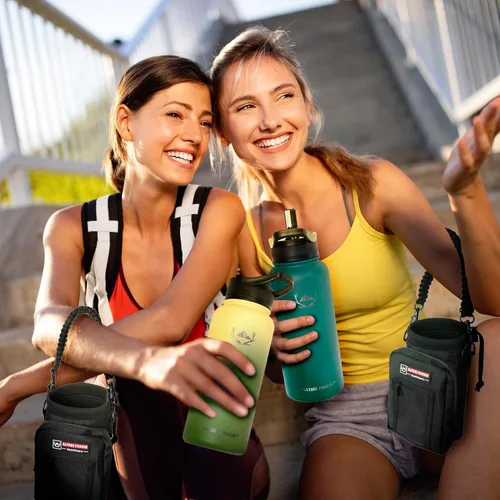 Vista 7 de NATURE PIONEOR Botella de agua aislada de 32 onzas con bolsa de transporte y 3 tapas Qine Verde