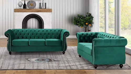 Vista 3 de Container Furniture Direct Feinstein - Sofá de terciopelo moderno Chesterfield para sala de estar con cabezas de clavos, acolchado de diamante