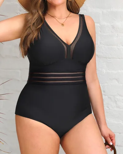 Vista 5 de Daci - Trajes de baño de una pieza para mujer talla extra grande, sexy con huecos, traje de baño con cuello en V Un negro