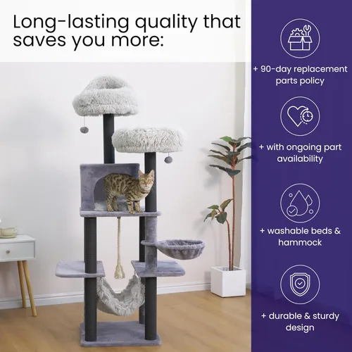 Vista 8 de Catry Bradbury - Árbol para gatos moderno de 7 niveles y 62.5 pulgadas con postes rascadores reemplazables, condominio grande, dos camas lavables