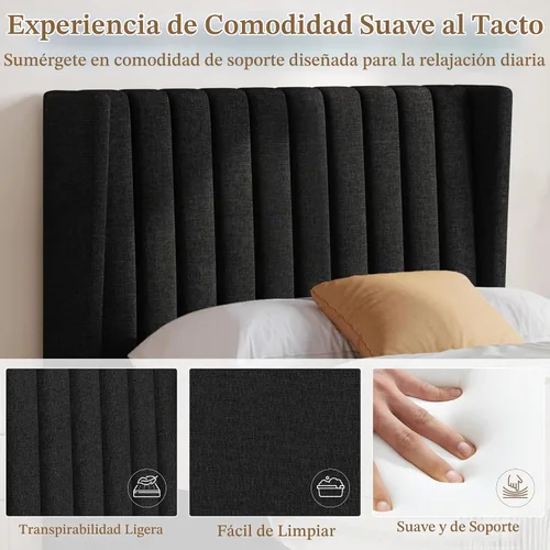 Vista 4 de Yaheetech Base de cama individual con cabecero, plataforma copetuda