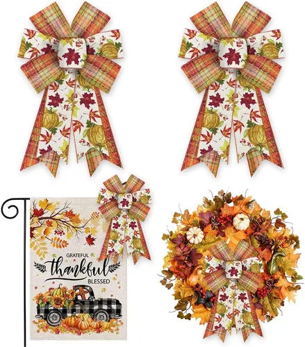 Vista 7 de ALIBBON 2 lazos de otoño para coronas, lazos de corona de Acción de Gracias, lazos de Super Bowl, lazos marrones para puerta delantera, decoración