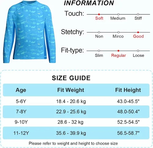 Vista 6 de Funnycokid Camiseta de natación de manga larga UPF 50+ para niños, protección UV, protección solar, natación, surf, 5-12 años