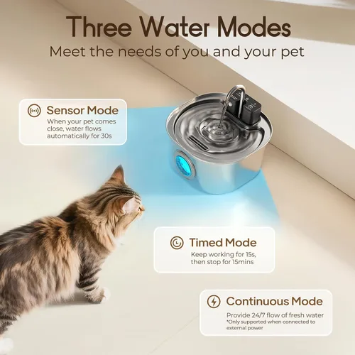 Vista 3 de Voluas Fuente de agua de acero inoxidable para gatos, fuente de agua inalámbrica para mascotas, funciona con pilas, 108 oz/3.2 L, dispensador