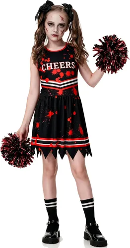 Vista 2 de Disfraz de animadora para niña, conjunto completo, accesorios de Halloween Negro Rojo 1
