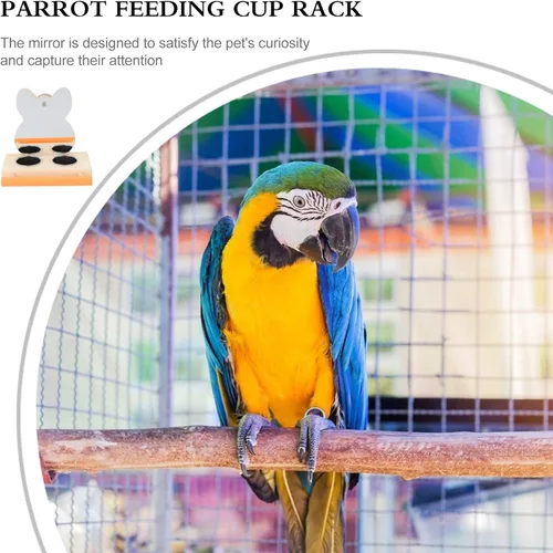 Vista 5 de Espejo de loro con cuenco de comida de agua o jaula de pájaros, soporte de madera para alimentación, accesorio para jaula, cuenco de alimentación