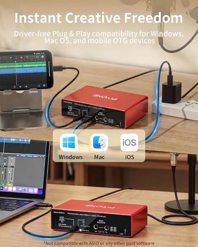 Vista 5 de Interfaz de audio, interfaz 2X2 de 24 bits/192 kHz para alta fidelidad, calidad de estudio para grabación de PC/Mac/iOS, entrada combinada XLR/TRS
