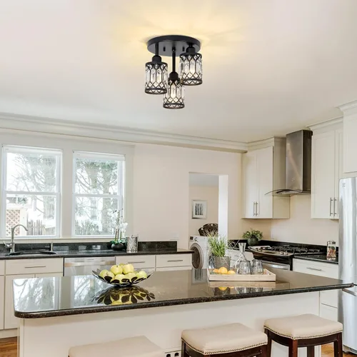 Vista 8 de PAUFUL Lámpara de Techo Semiempotrada, Lámparas de Techo Modernas de Cristal de 3 Luces Cerca del Techo, Lámparas de Cocina Negras con Pantalla