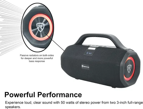 Vista 3 de Rockville SONIC-50L Altavoz Bluetooth portátil, sonido estéreo de 50 W, anillos LED duales, IPX5 resistente al agua, batería de hasta 24 horas, TWS