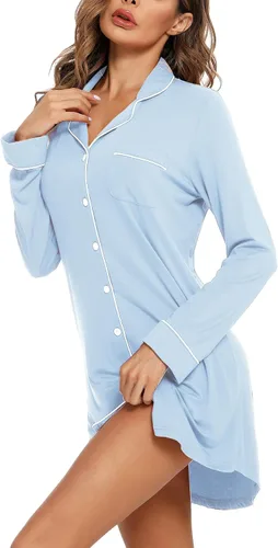 Vista 89 de Samring Camisón de pijama para mujer, manga corta/larga, con botones, camisón para dormir, camisón para novio, talla XXL