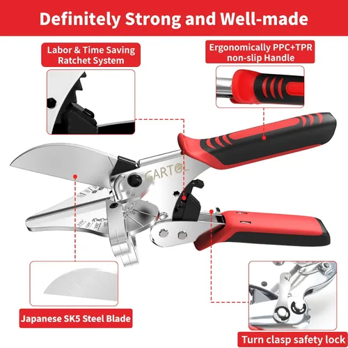 Vista 10 de GARTOL Ratchet Miter Shears, 45°-135° Adjustable Multi-Angle Cutter for Molding, Trim & Quarter Round – Precision Hand Tool for PVC & Soft Wood