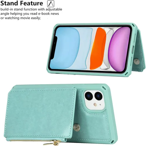 Vista 6 de iCoverCase Funda tipo cartera para iPhone 11 con soporte para tarjetas, bloqueo RFID, piel sintética de alta calidad, cierre magnético, a prueba