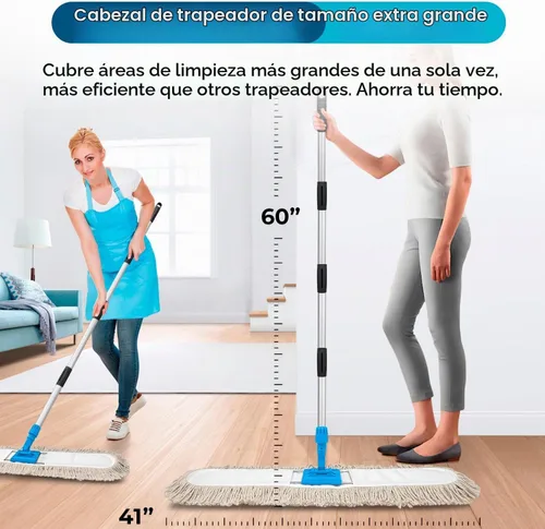 Vista 3 de ARTIPOLY Trapeador de polvo comercial de 41 pulgadas para limpieza de pisos, trapeador seco industrial con mango largo resistente, cabezal