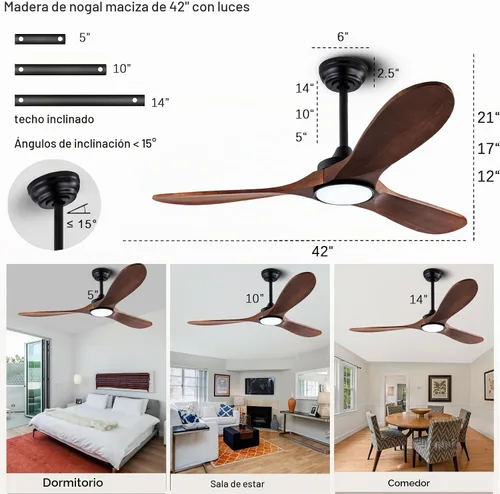 Vista 2 de Ventilador de techo silencioso de 42 pulgadas con control remoto, 3CCT, acabado de nogal.