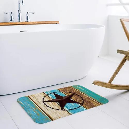 Vista 4 de Tapete para puerta de estilo rústico occidental, con estrella en azul, verde azulado, marrón, grano de madera, absorbente, tapete de baño