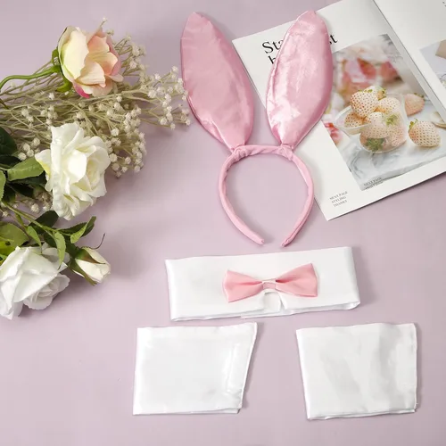 Vista 3 de LUTER 4 accesorios de disfraz de conejo para mujer, juego de disfraz de conejo, diadema de orejas de conejo, collar de corbata con 2 puños de conejo