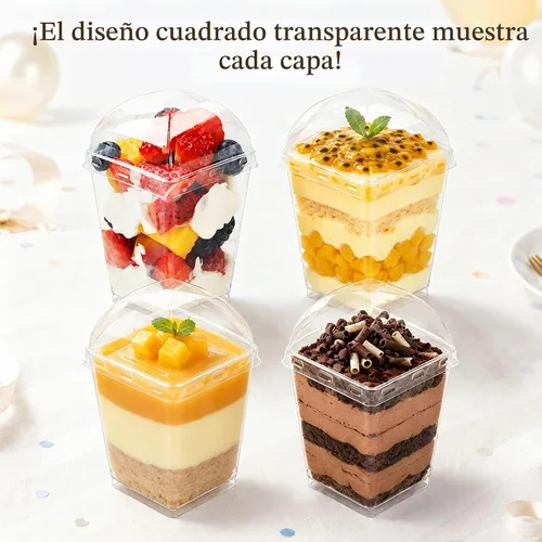 Vista 4 de YunKo - Paquete de 50 tazas de postre con tapas y cucharas de plástico