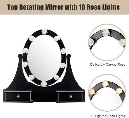 Vista 8 de Giantex Juego de tocador con espejo iluminado, mesa de maquillaje con 10 luces rosadas, escritorio de tocador moderno con taburete acolchado, 3