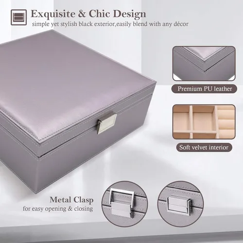 Vista 5 de ProCase - Joyero grande de cuero con dos niveles para organizar aretes, pulseras, anillos, relojes, para mujeres, niñas, regalo ideal para novia