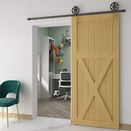 Vista 5 de Kit de rieles de 98-2/5 pulgadas para puerta corrediza de granero, rodillo de rueda negro básico para puertas individuales, sistema de rieles