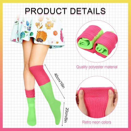 Vista 3 de Hicarer Accesorios de disfraz de los años 80 para mujeres y niñas, cangurera retro neón, calcetines largos para fiestas de los años 80 y 90