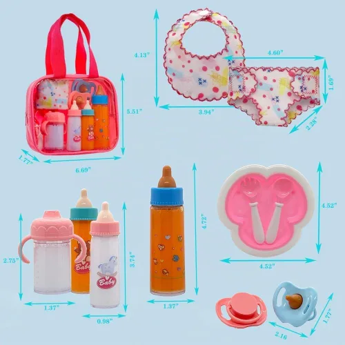 Vista 2 de Juego de 11 piezas de accesorios para muñecas de bebé, juego de 11 piezas de alimentación de muñecas con botellas de leche y jugo que desaparecen
