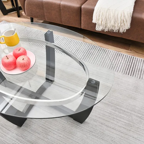 Vista 5 de KFZ1331 - Mesa auxiliar de cristal con base de madera maciza para sala de estar, mesa central ovalada, resistente y moderna, 43.3 pulgadas de largo