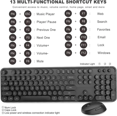 Vista 7 de Combo de teclado y mouse inalámbricos, teclado retro estilo máquina de escribir con teclas redondas, conexión de 2.4 GHz libre de caídas, mouse