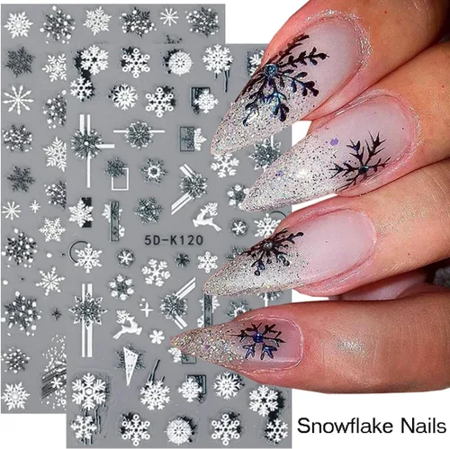 Vista 5 de 8 hojas de calcomanías de uñas de Navidad, copos de nieve 5D en relieve, copos de nieve blancos, árbol, alce, Navidad, invierno, diseño de copos