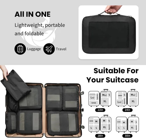 Vista 7 de Juego de 8 juegos6 juegos4 cubos de compresión para viajes, artículos esenciales ligeros de viaje para vacaciones, accesorios de viaje para maleta