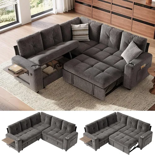 Vista 23 de LINSY HOME Modular Sectional Sofa Bed, Chenille Pull Out Couch 2 Seat Beige
